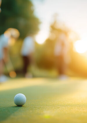 Female golfers activity, women's sport scene, group play moment, faceless players, defocused background.